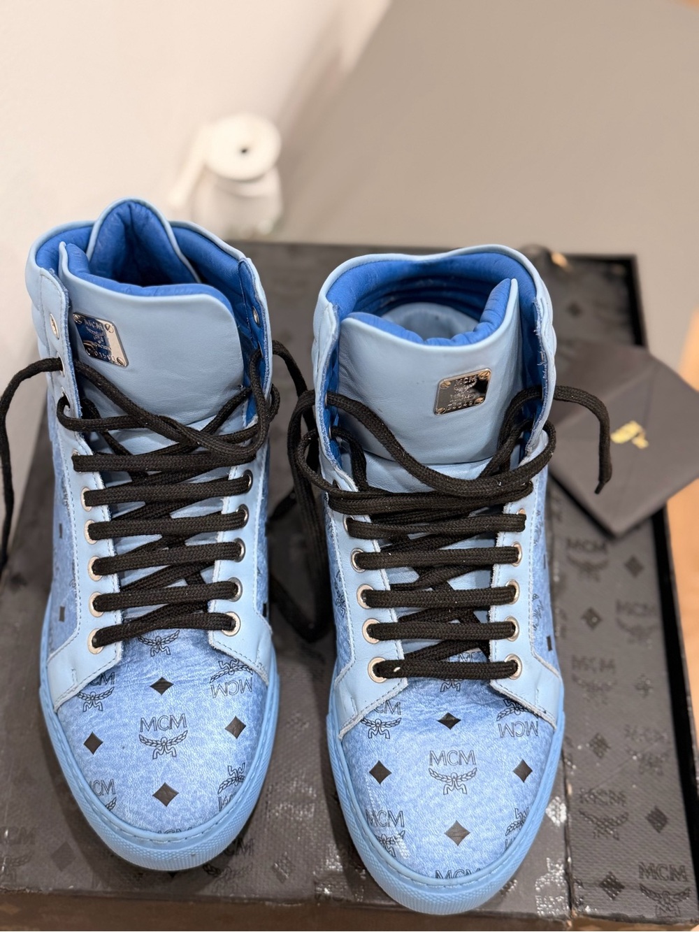 MCM Men's High-Top Sneakers in Sky Blue with Black Laces